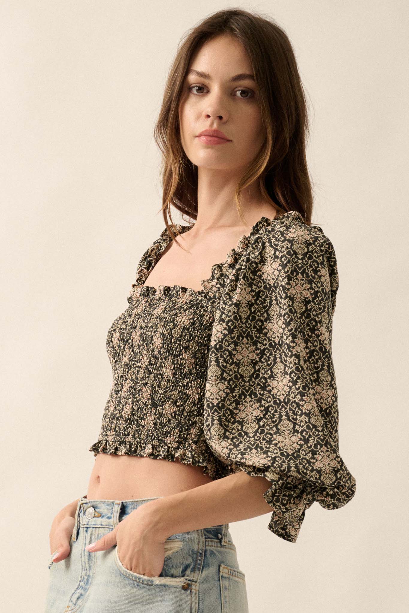 Timeless Beauty Ornate Floral Cropped Peasant Top - ShopPromesa