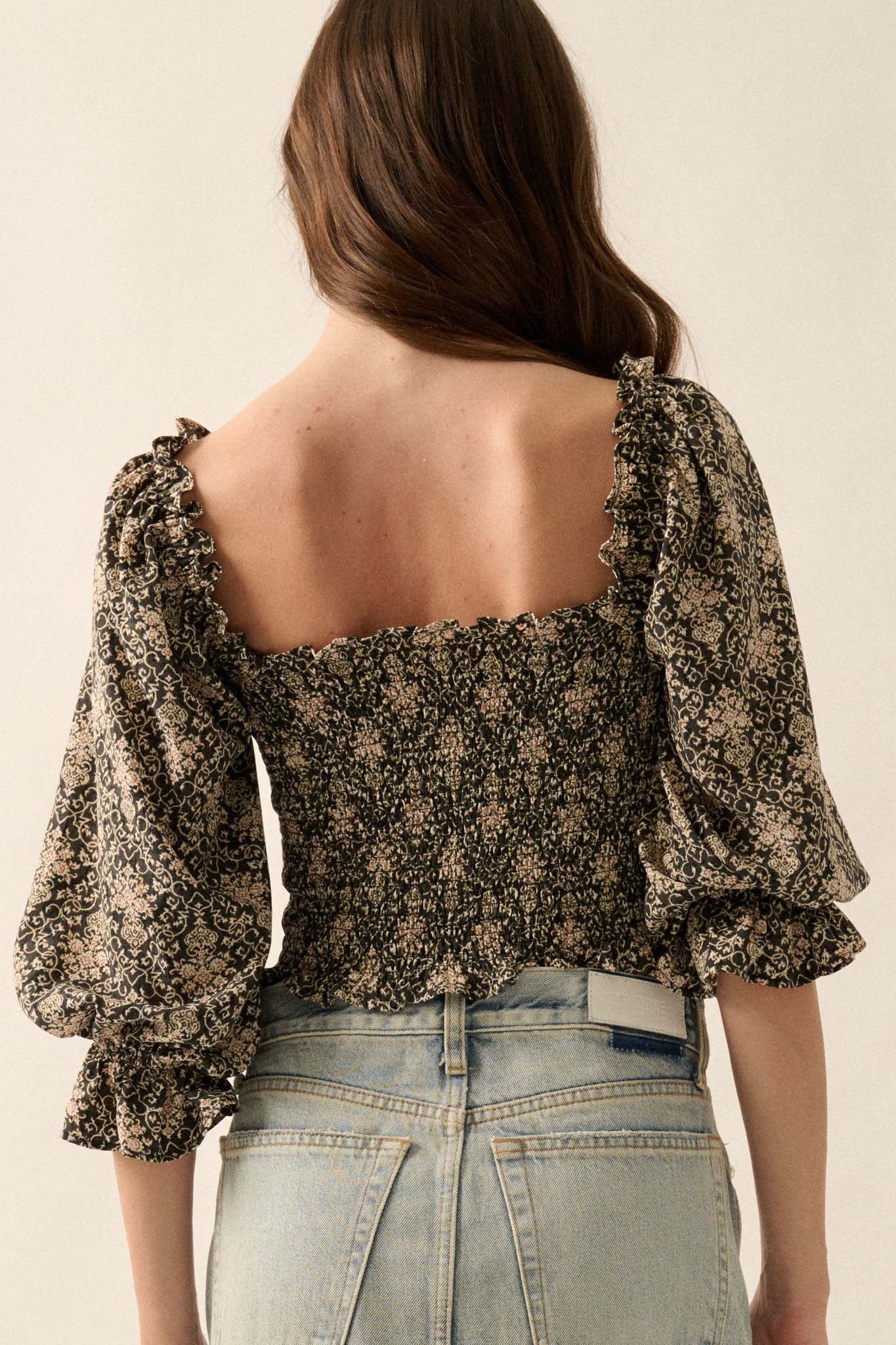 Timeless Beauty Ornate Floral Cropped Peasant Top - ShopPromesa