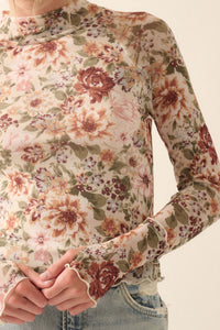 Blossom Forth Floral Mesh Mock-Neck Thumbhole Top - ShopPromesa