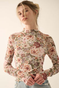 Blossom Forth Floral Mesh Mock-Neck Thumbhole Top - ShopPromesa