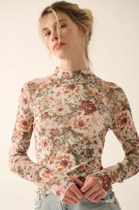 Blossom Forth Floral Mesh Mock-Neck Thumbhole Top - ShopPromesa