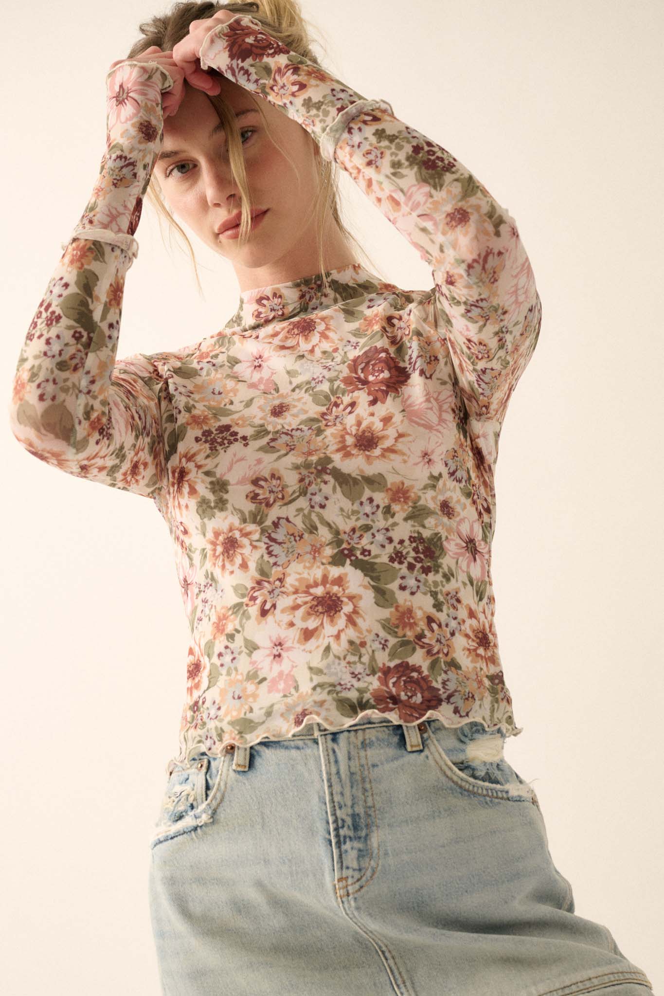 Blossom Forth Floral Mesh Mock-Neck Thumbhole Top - ShopPromesa