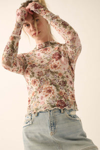 Blossom Forth Floral Mesh Mock-Neck Thumbhole Top - ShopPromesa