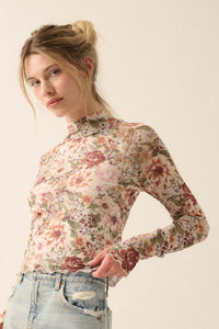Blossom Forth Floral Mesh Mock-Neck Thumbhole Top - ShopPromesa