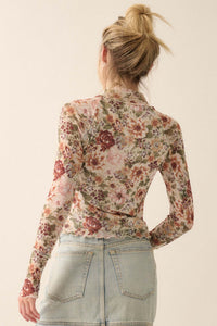 Blossom Forth Floral Mesh Mock-Neck Thumbhole Top - ShopPromesa