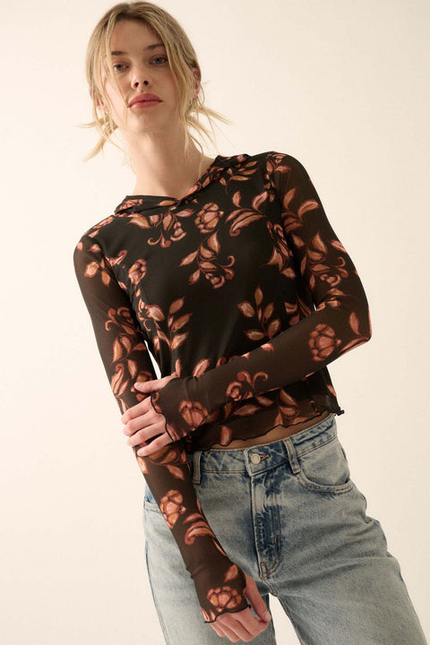 Fantastic Fall Floral Mesh Hooded Thumbhole Top - ShopPromesa