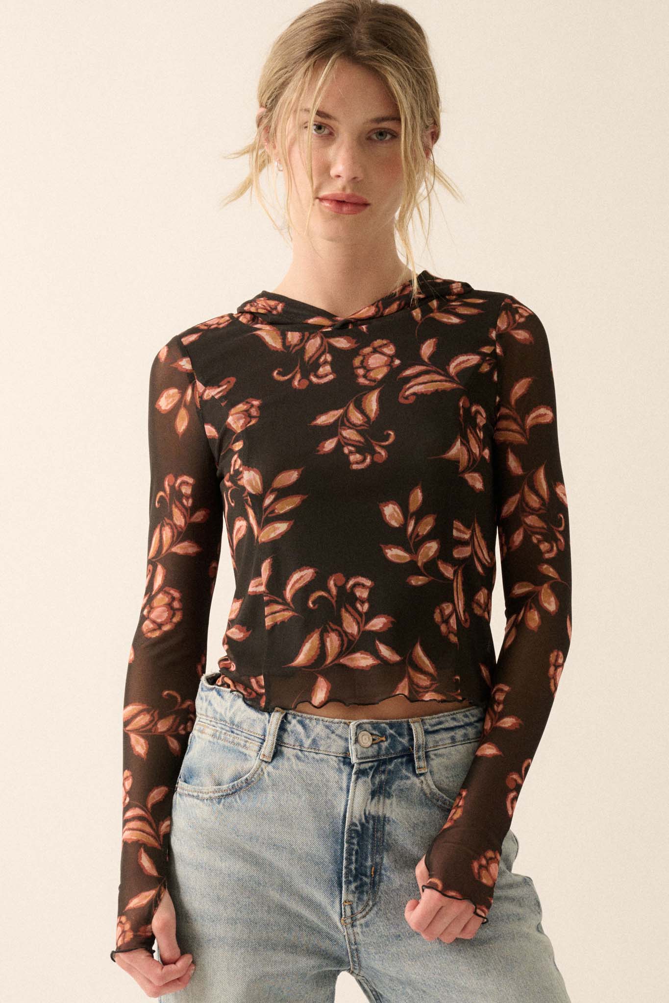 Fantastic Fall Floral Mesh Hooded Thumbhole Top - ShopPromesa