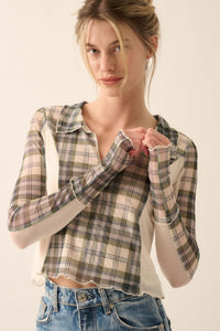 Plaid Habits Colorblock Mesh Thumbhole Top - ShopPromesa