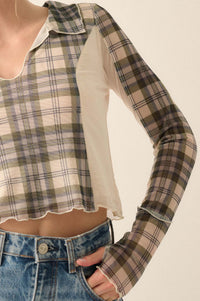 Plaid Habits Colorblock Mesh Thumbhole Top - ShopPromesa