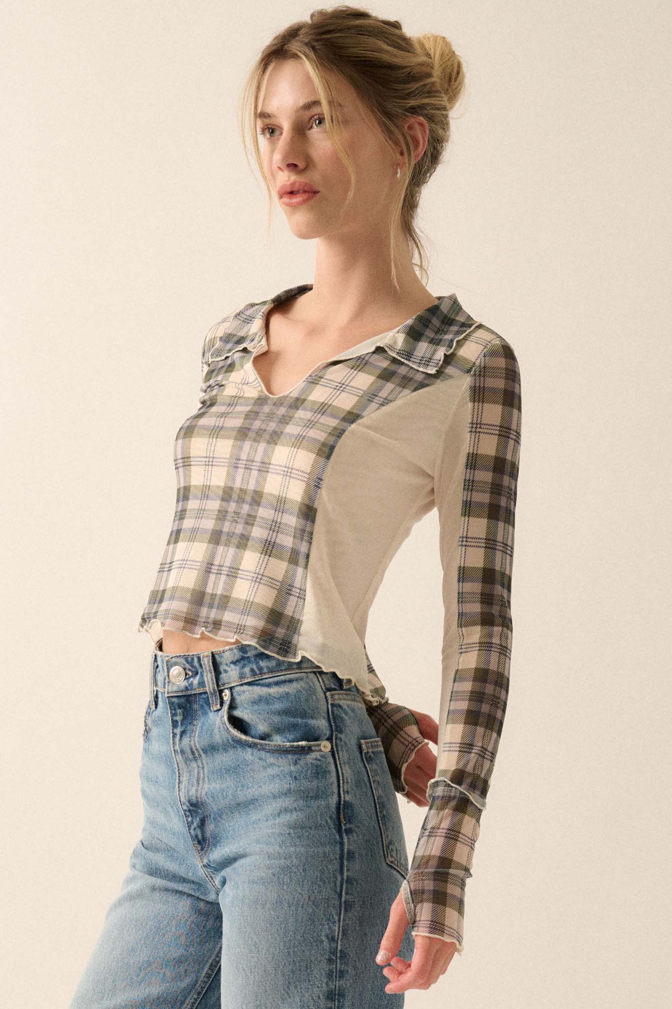 Plaid Habits Colorblock Mesh Thumbhole Top - ShopPromesa