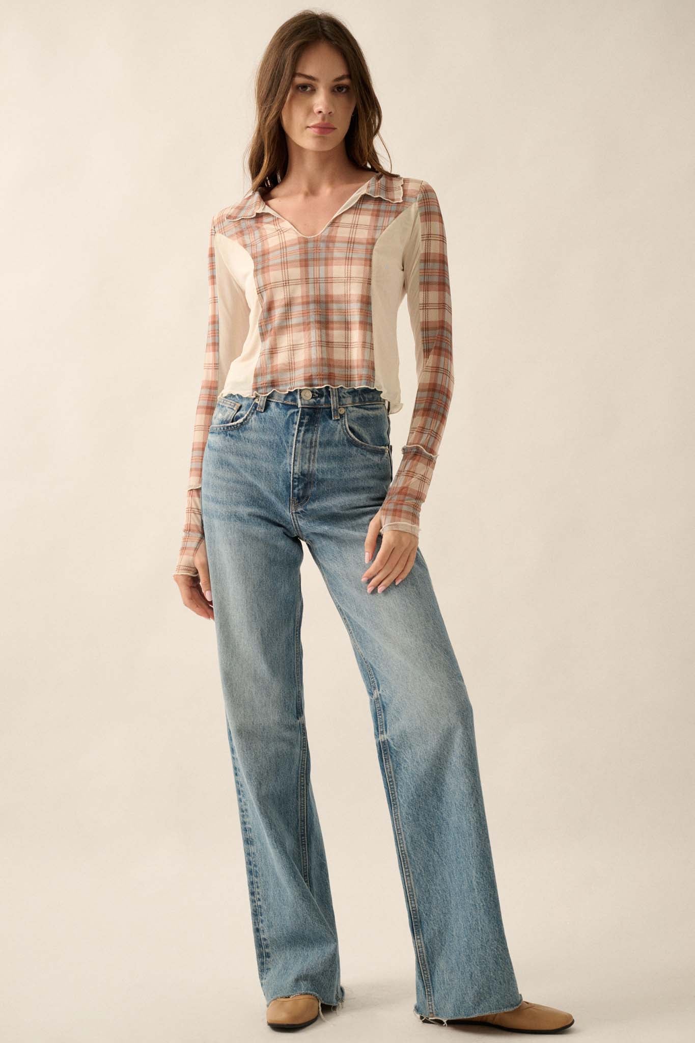 Plaid Habits Colorblock Mesh Thumbhole Top - ShopPromesa