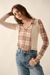 Plaid Habits Colorblock Mesh Thumbhole Top - ShopPromesa