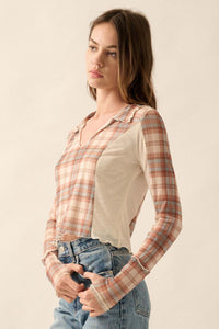 Plaid Habits Colorblock Mesh Thumbhole Top - ShopPromesa