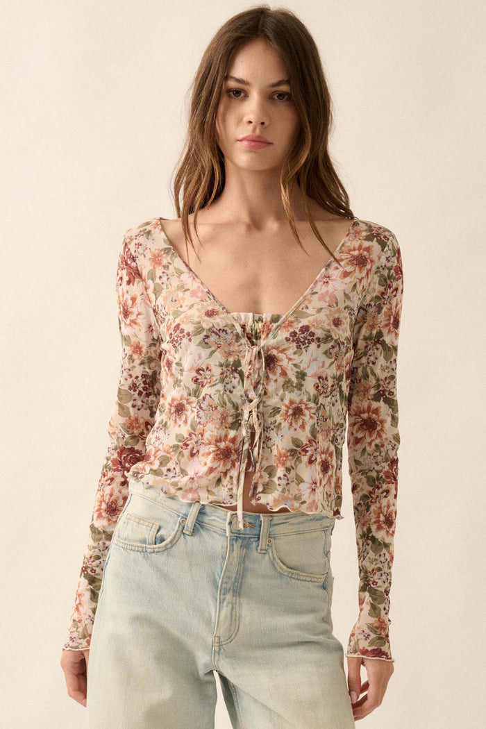 Garden Blossoms Floral Mesh Layered Tie-Front Top - ShopPromesa