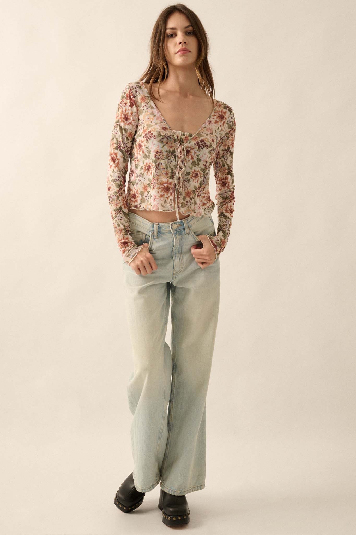 Garden Blossoms Floral Mesh Layered Tie-Front Top - ShopPromesa