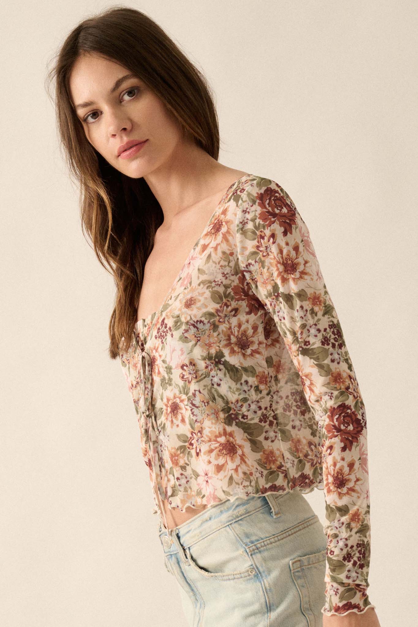 Garden Blossoms Floral Mesh Layered Tie-Front Top - ShopPromesa