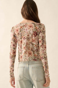 Garden Blossoms Floral Mesh Layered Tie-Front Top - ShopPromesa