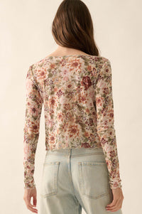 Garden Blossoms Floral Mesh Layered Tie-Front Top - ShopPromesa