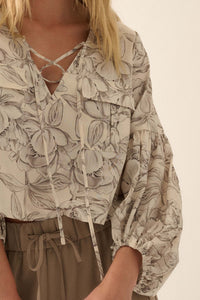 Placid Petals Floral Cropped Lace-Up Peasant Top - ShopPromesa