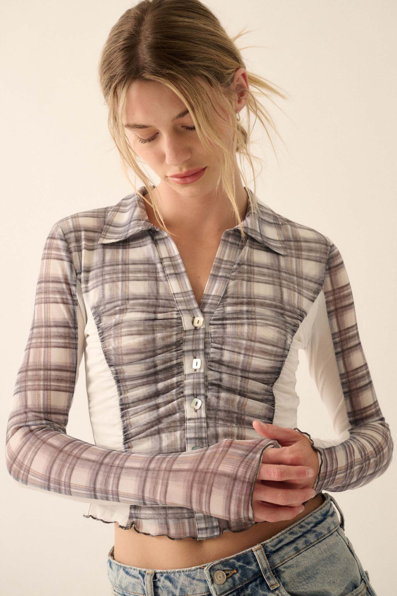 Plaid Behavior Ruched Mesh Cropped Button-Up Shirt - ShopPromesa