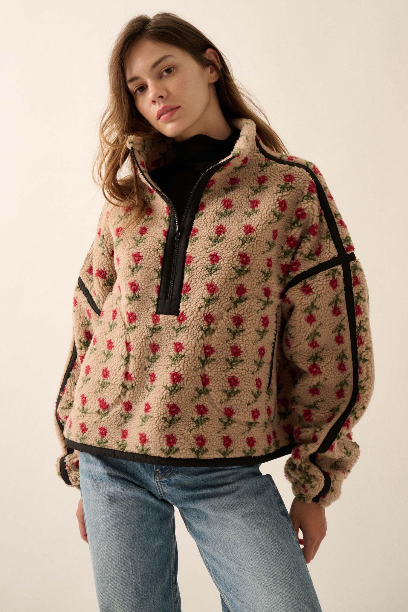 Frosted Fields Floral Fleece Half-Zip Pullover - ShopPromesa