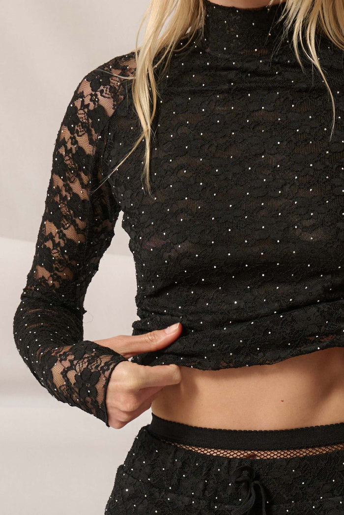 Starry Eyed Studded Floral Lace Mock-Neck Top - ShopPromesa