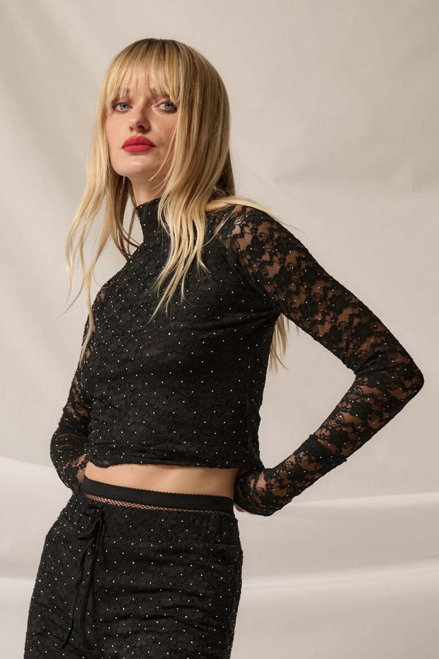 Starry Eyed Studded Floral Lace Mock-Neck Top - ShopPromesa