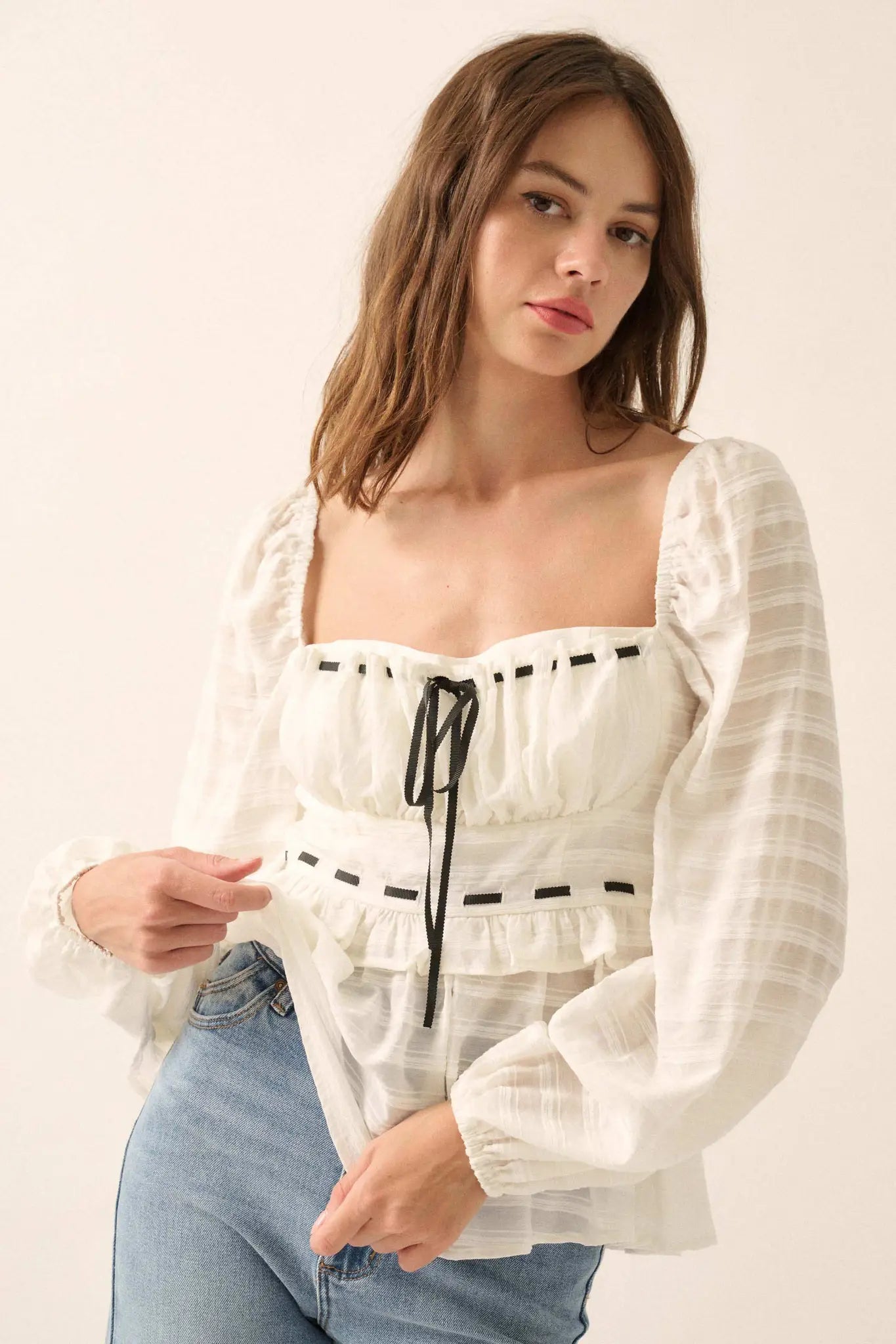 Sweet Infatuation Striped Ribbon-Trim Peasant Top - ShopPromesa