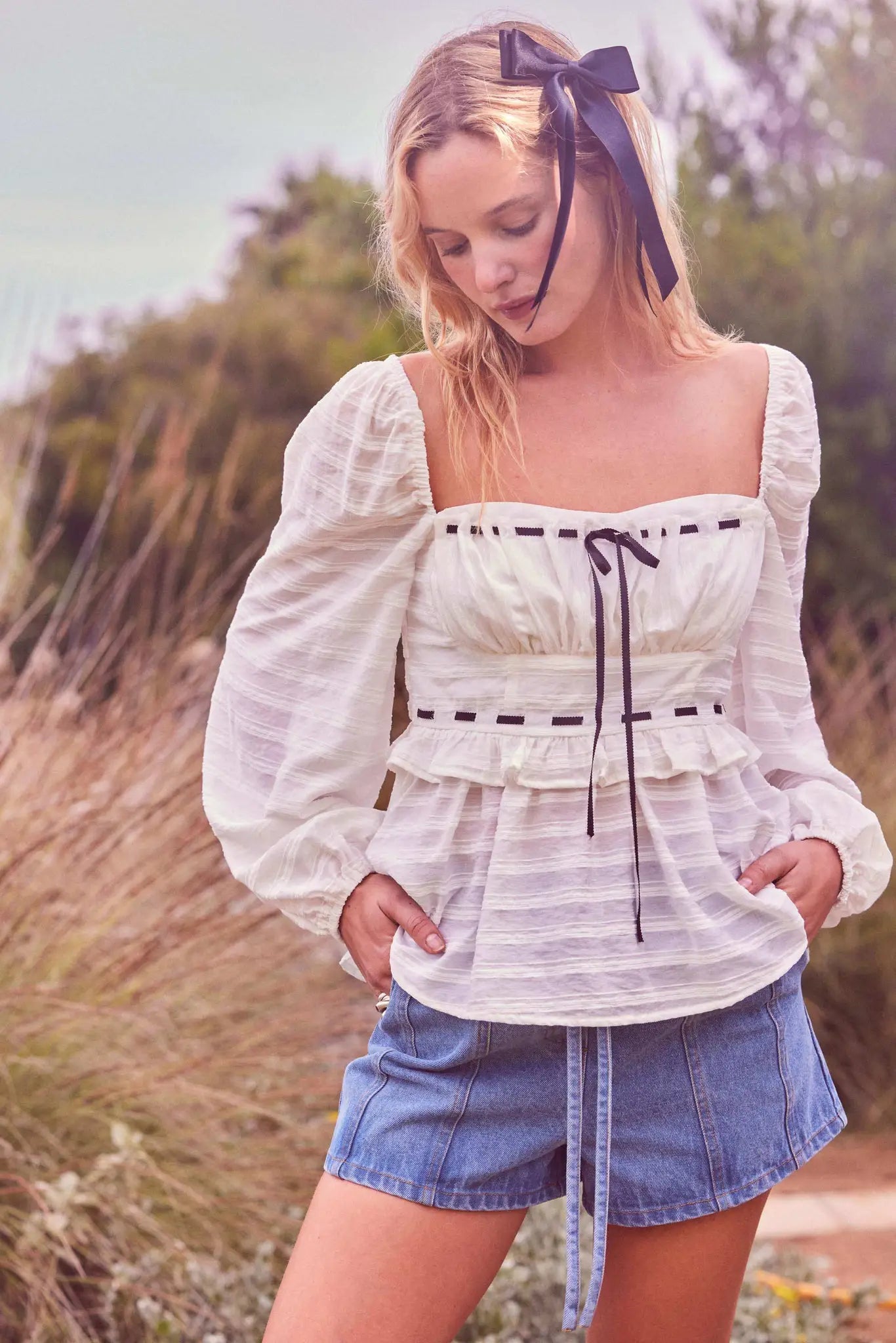 Sweet Infatuation Striped Ribbon-Trim Peasant Top - ShopPromesa