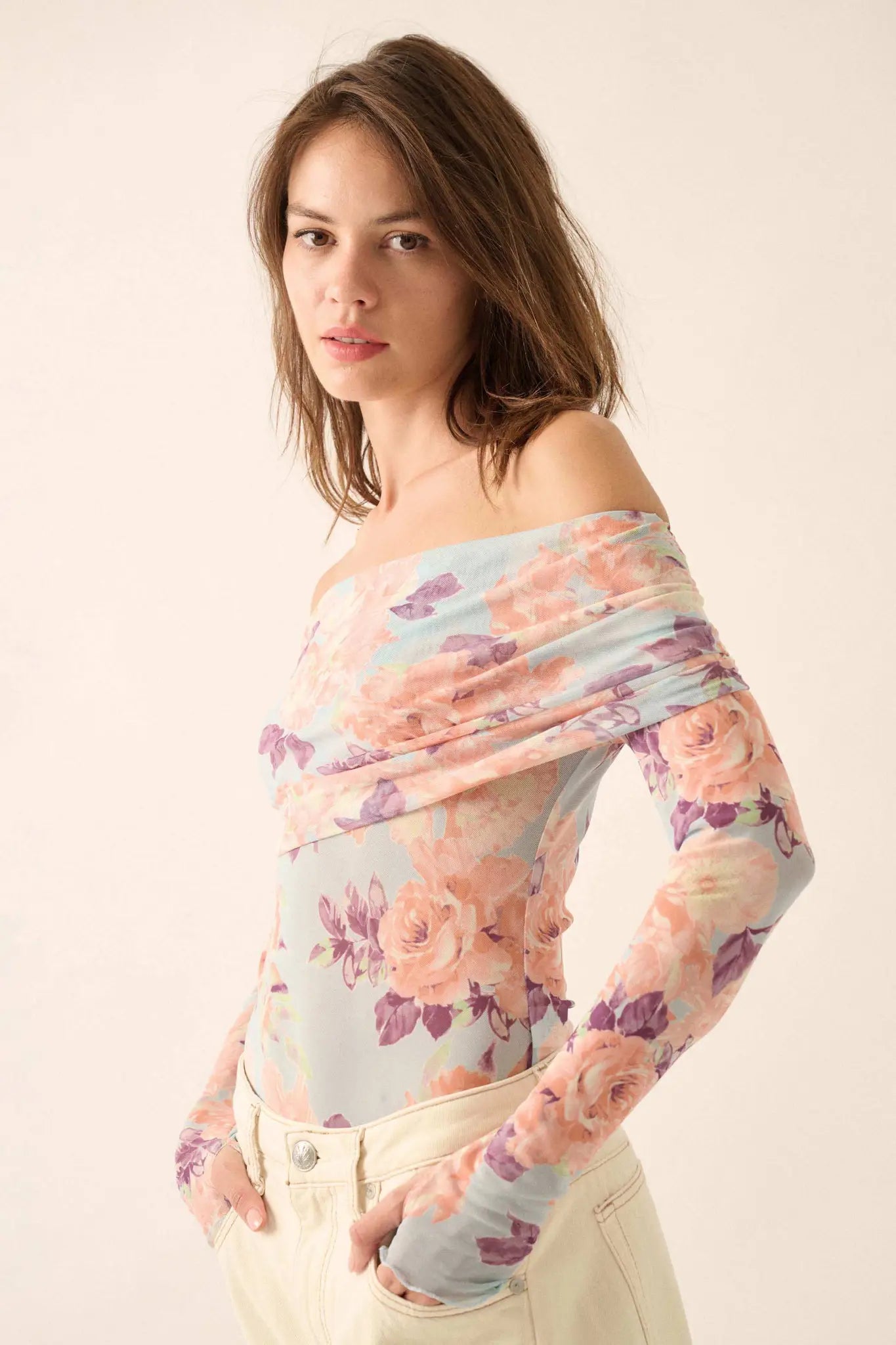 Floral Embrace Floral Mesh Foldover Bodysuit - ShopPromesa