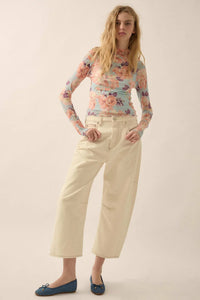 Morning Dew Floral Mesh Mock-Neck Thumbhole Top - ShopPromesa