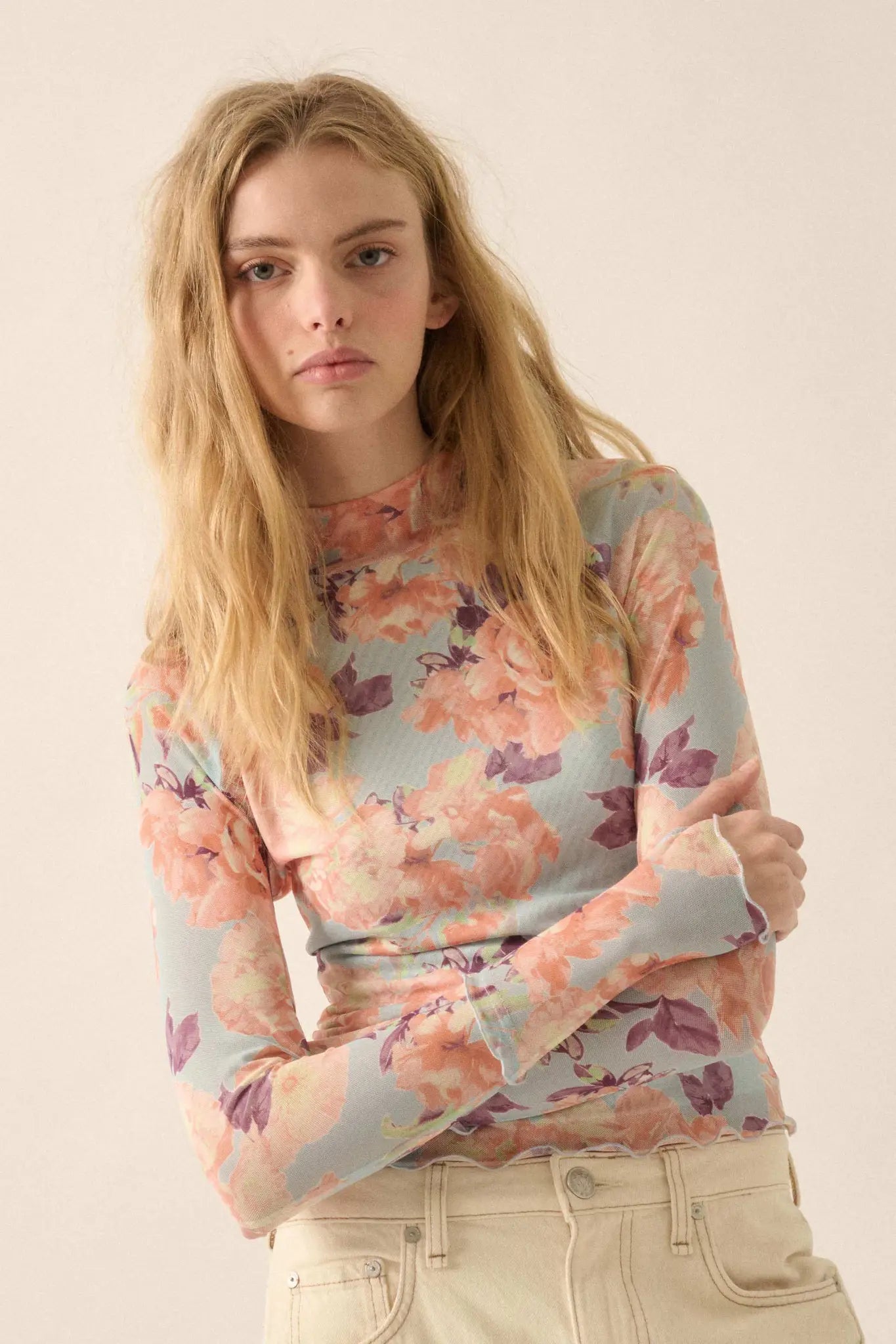 Morning Dew Floral Mesh Mock-Neck Thumbhole Top - ShopPromesa