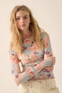 Morning Dew Floral Mesh Mock-Neck Thumbhole Top - ShopPromesa