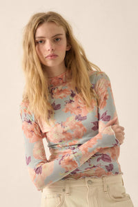Morning Dew Floral Mesh Mock-Neck Thumbhole Top - ShopPromesa