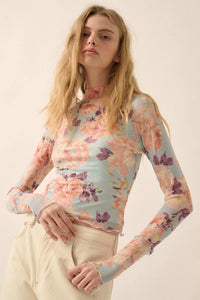 Morning Dew Floral Mesh Mock-Neck Thumbhole Top - ShopPromesa