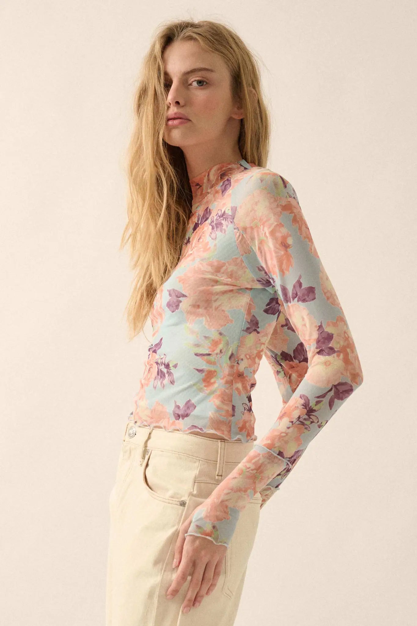 Morning Dew Floral Mesh Mock-Neck Thumbhole Top - ShopPromesa