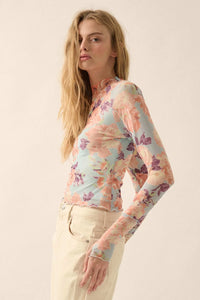 Morning Dew Floral Mesh Mock-Neck Thumbhole Top - ShopPromesa