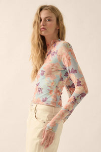Morning Dew Floral Mesh Mock-Neck Thumbhole Top - ShopPromesa
