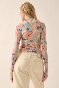 Morning Dew Floral Mesh Mock-Neck Thumbhole Top - ShopPromesa