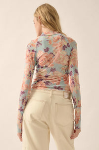 Morning Dew Floral Mesh Mock-Neck Thumbhole Top - ShopPromesa