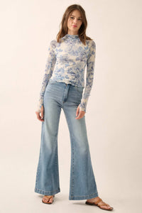 Morning Dew Floral Mesh Mock-Neck Thumbhole Top - ShopPromesa