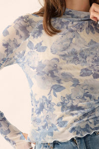 Morning Dew Floral Mesh Mock-Neck Thumbhole Top - ShopPromesa