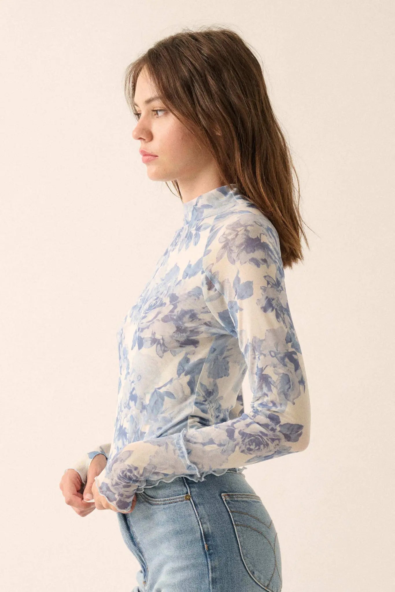 Morning Dew Floral Mesh Mock-Neck Thumbhole Top - ShopPromesa