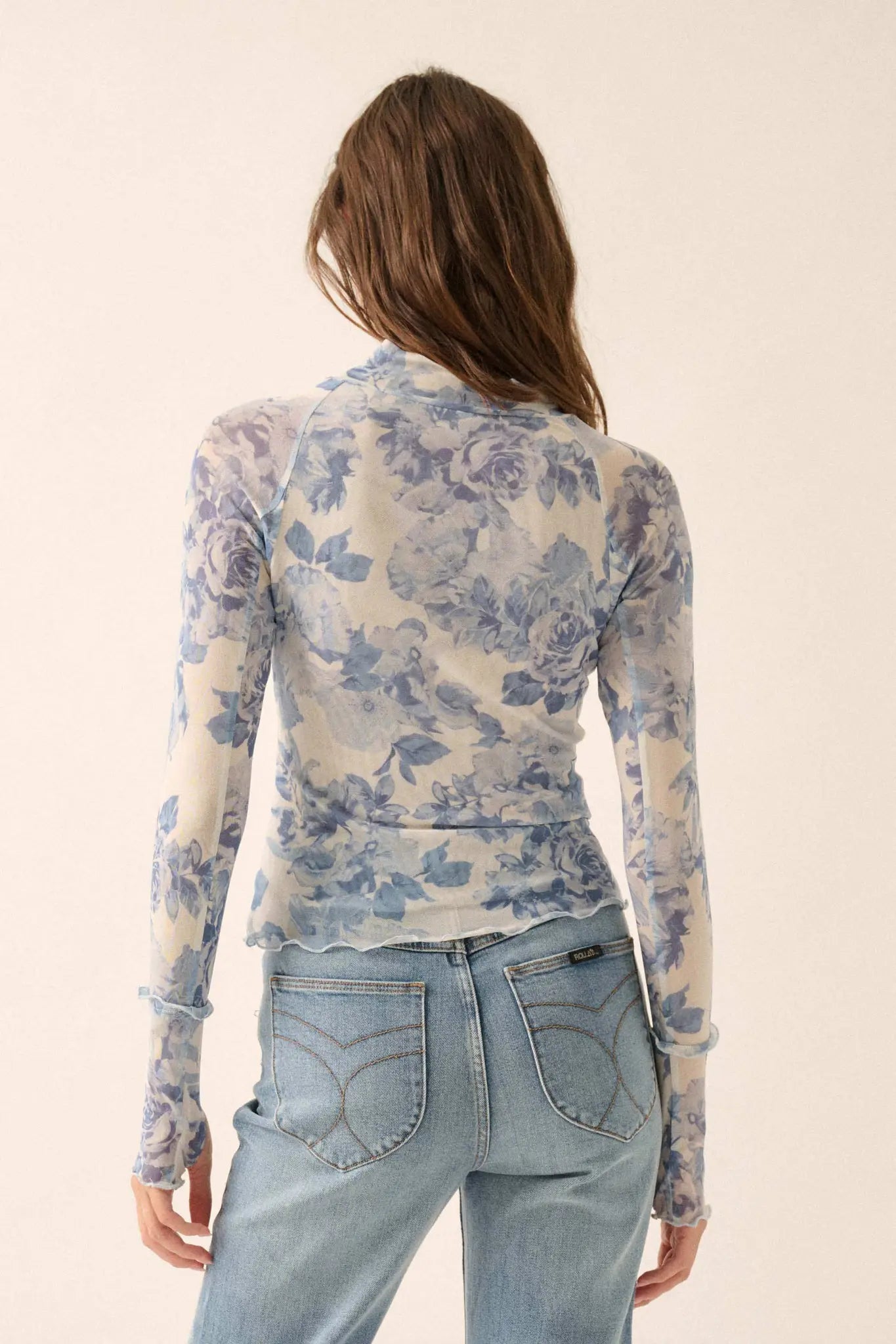 Morning Dew Floral Mesh Mock-Neck Thumbhole Top - ShopPromesa