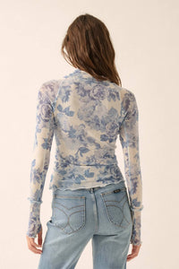 Morning Dew Floral Mesh Mock-Neck Thumbhole Top - ShopPromesa