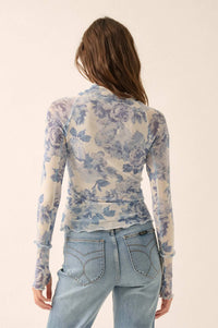 Morning Dew Floral Mesh Mock-Neck Thumbhole Top - ShopPromesa