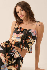Grow On Textured Floral Cropped Tie-Front Cami Top - ShopPromesa