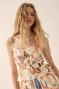 Grow On Textured Floral Cropped Tie-Front Cami Top - ShopPromesa