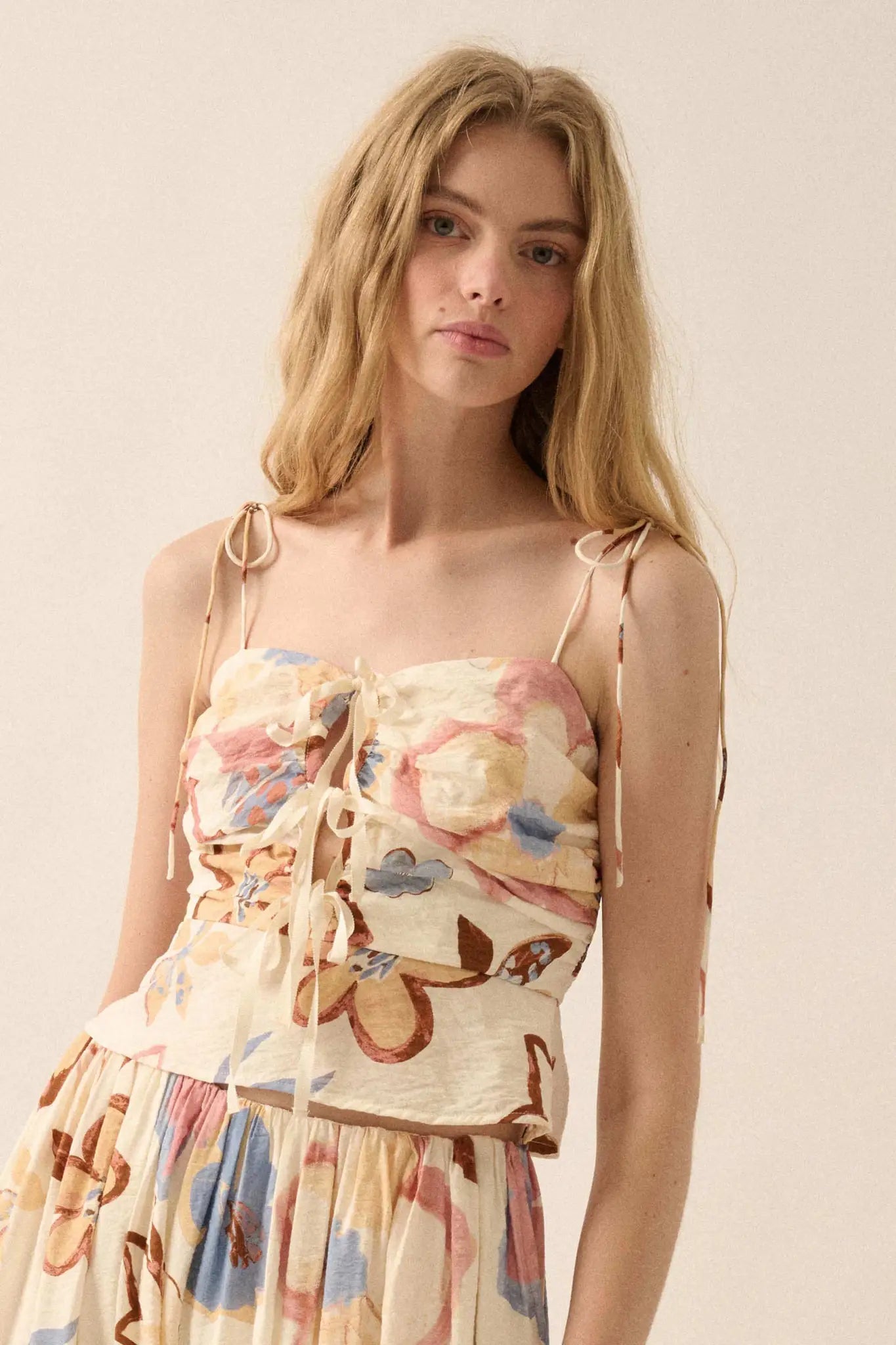 Grow On Textured Floral Cropped Tie-Front Cami Top - ShopPromesa