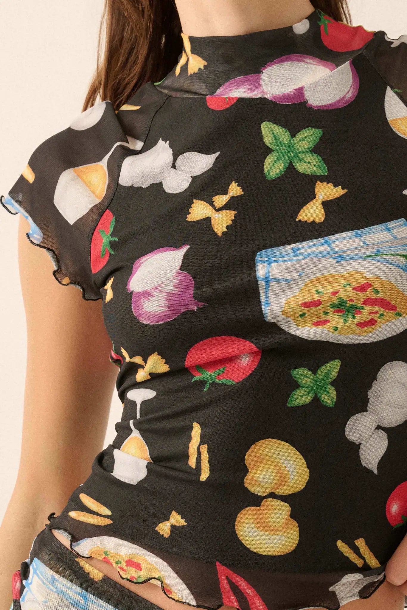 Buon Appetito Printed Mesh Mock-Neck Baby Tee - ShopPromesa